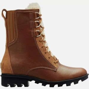 Sorel Phoenix Lace Shearling Boot in Camel Brown Leather, Sz 8